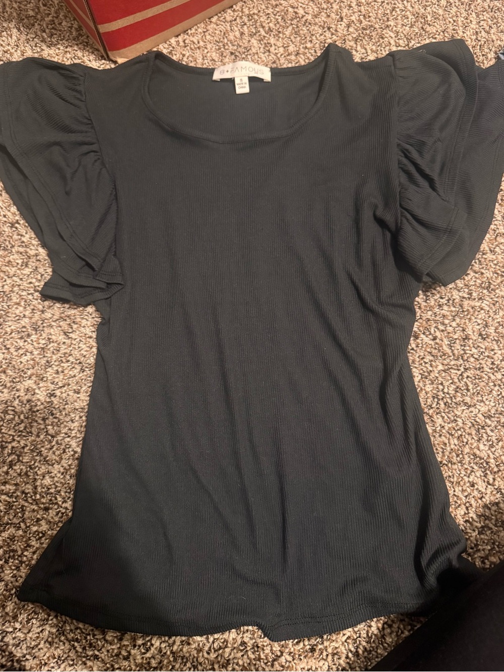 BP. Black Ribbed Puff-Sleeve Crewneck Top